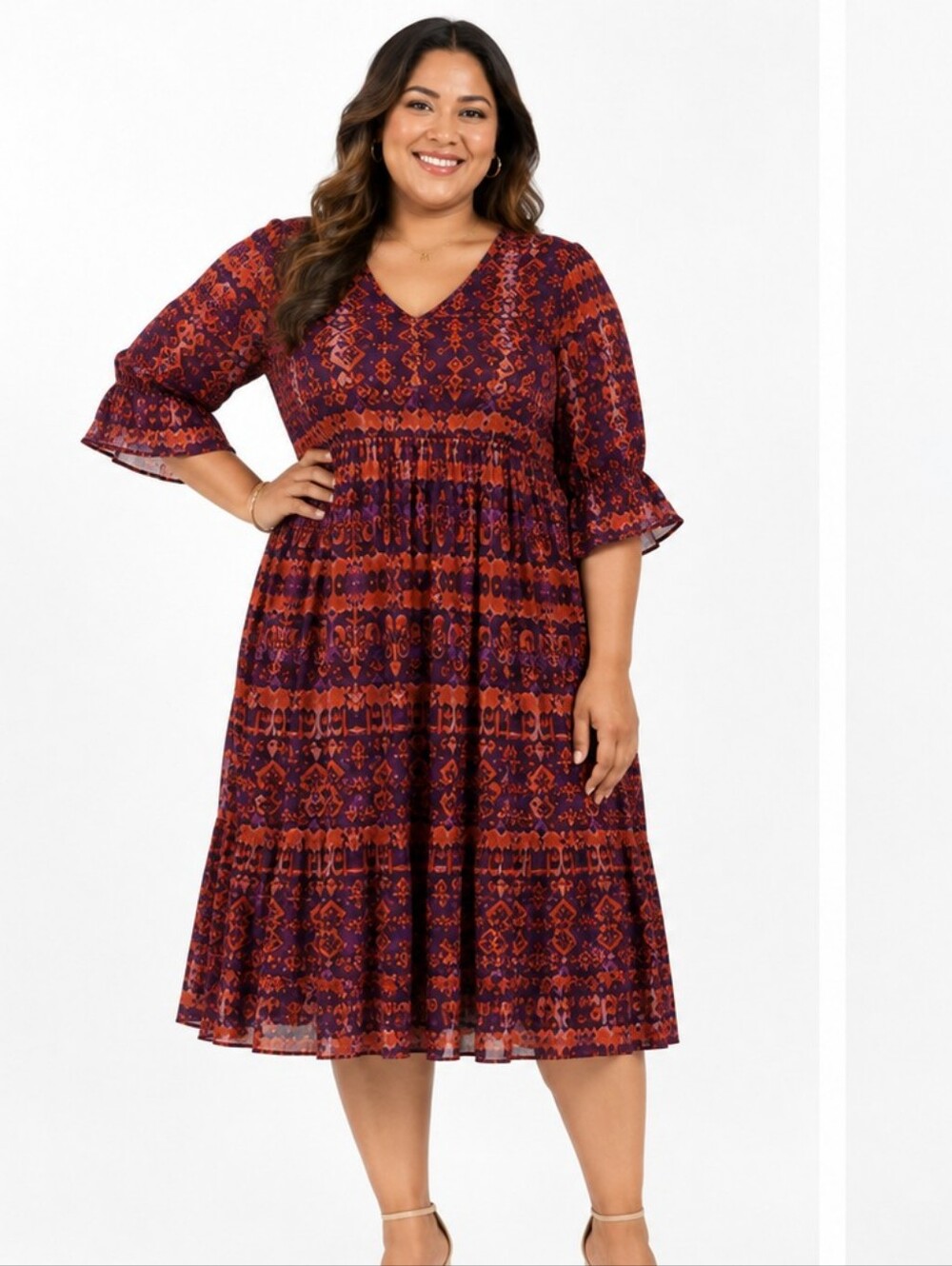 Boho Midi Dress US 14–16 NWOT Burgundy Rust
